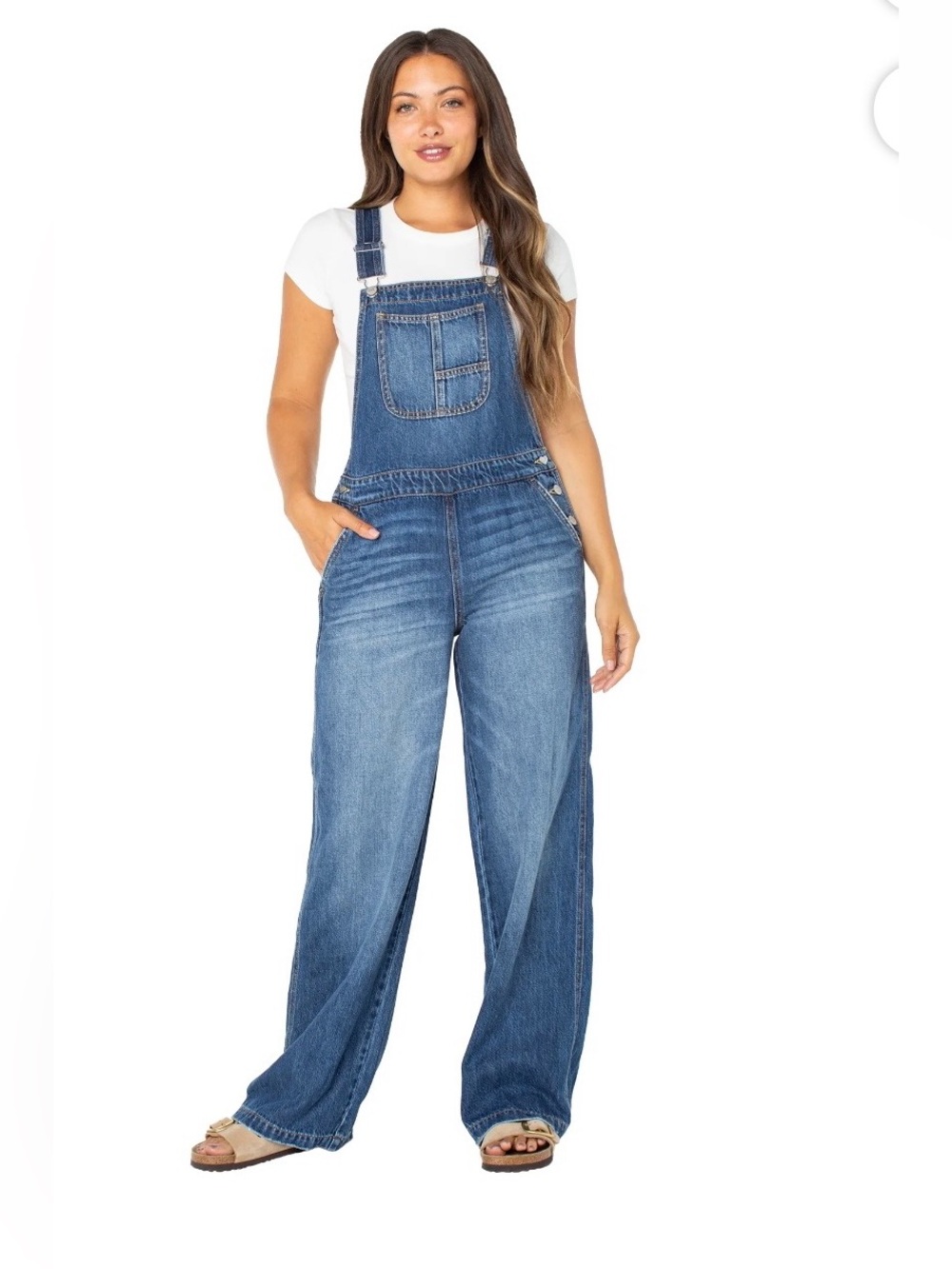 Celebrity Pink Overalls-L- Wide Leg- Utility Core, Costal Casual, Medium Wash